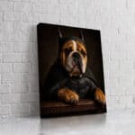 Perro Bulldog con disfraz de Batman en pintura artística.