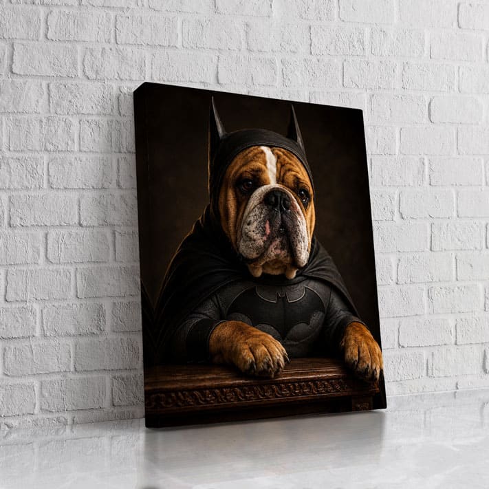 Perro Bulldog con disfraz de Batman en pintura artística.
