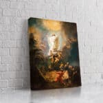Cuadro religioso con figuras celestiales y luz divina en lienzo.