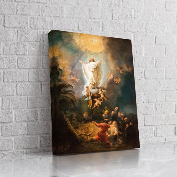 Cuadro religioso con figuras celestiales y luz divina en lienzo.